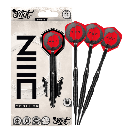 Šipky Shot ZEN Scallop Soft - 20g Das Bild präsentiert die Shot ZEN Scallop Softdarts - 20g in voller Ansicht. Diese Darts zeichnen sich durch ihre hochwertige Verarbeitung aus.