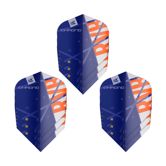 Standardní letky Target Pro Ultra Raymond Van Barneveld Chrono Ten-X - 3 sady Das Bild zeigt drei Sätze Target Pro Ultra Raymond Van Barneveld Chrono Ten-X Standard Flights. Die Flights sind überwiegend blau mit weißen und orangefarbenen Akzenten gestaltet.