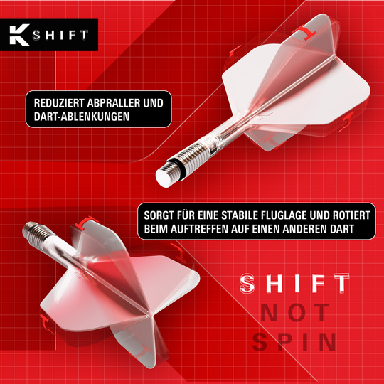 Dies ist ein Foto der Target K-Shift No6 Flights in Schwarz. Es illustriert die schwarze Farbgebung und Form der Dart Flights.