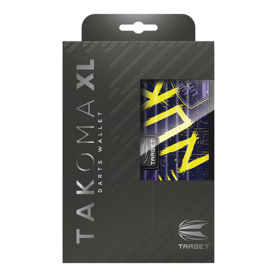Pouzdro na šipky Target Takoma Luke Littler XL Das Bild zeigt die Verpackung des Target Takoma XL Dartcases, das speziell für Luke Littler designt wurde. Die Verpackung ist überwiegend schwarz mit gelben und violetten Akzenten auf dem Dartcase selbst.