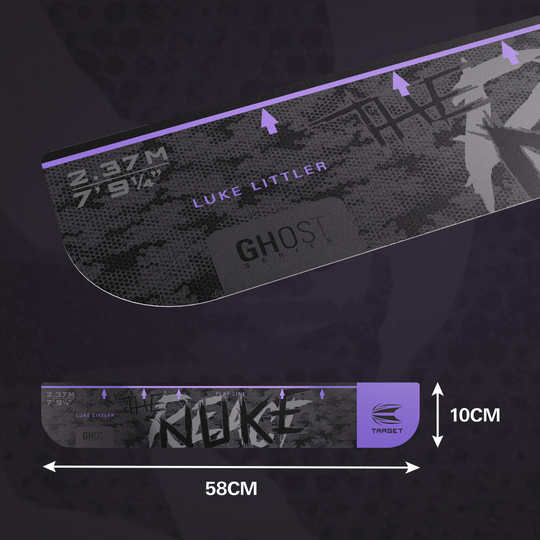 Das Bild zeigt das Produkt 'Target Throw Line Ghost-Series Luke Littler Abwurflinie'. Es handelt sich um eine Abwurflinie für Dartspieler.