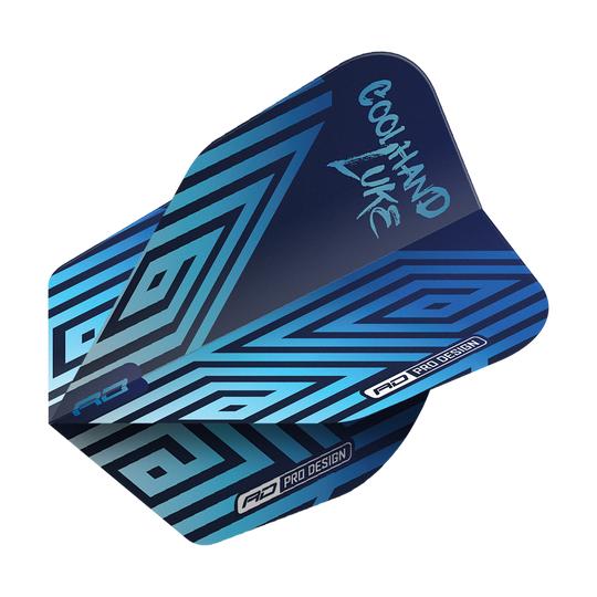 Das Bild zeigt die "Red Dragon Luke Humphries Coolhand Blue No6 Flights". Die Flights sind blau mit geometrischen Mustern und dem Schriftzug "Coolhand Luke" darauf.