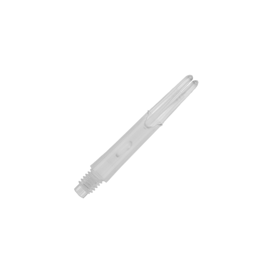 L-L-Style-Shafts Locked Straight - Clear Auf dem Bild ist ein transparenter, gerader Dart-Schaft zu sehen. Er hat ein Schraubgewinde an einem Ende und ist 32 mm lang.