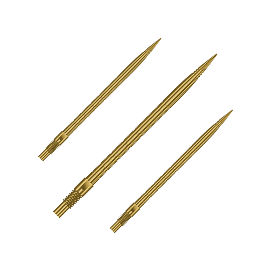 Špičky na šipky Harrows Quick Point Micro Ridge - zlaté Gezeigt wird ein Set von Harrows Quick Point MicroRidge Dartspitzen in Gold, 40mm. Verschiedene Spitzen sind nebeneinander angeordnet.