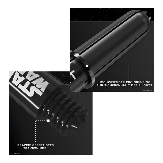 Násadky Target Star Wars ProGrip - černé Target Star Wars ProGrip Shafts in Schwarz sind auf dem Bild zu sehen. Diese Schäfte richten sich an Dart- und Star Wars Liebhaber.