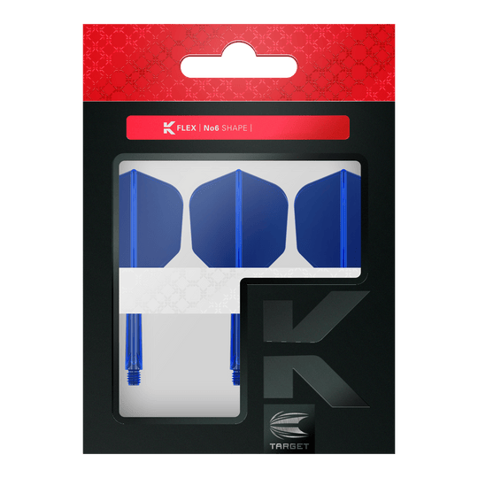 Letový systém Target K-Flex No6 - modrý Das Bild zeigt eine Verpackung mit drei blauen Dart-Flights und Shafts. Oben auf der Verpackung steht "K FLEX | No6 SHAPE" und unten ist das Target-Logo zu sehen.