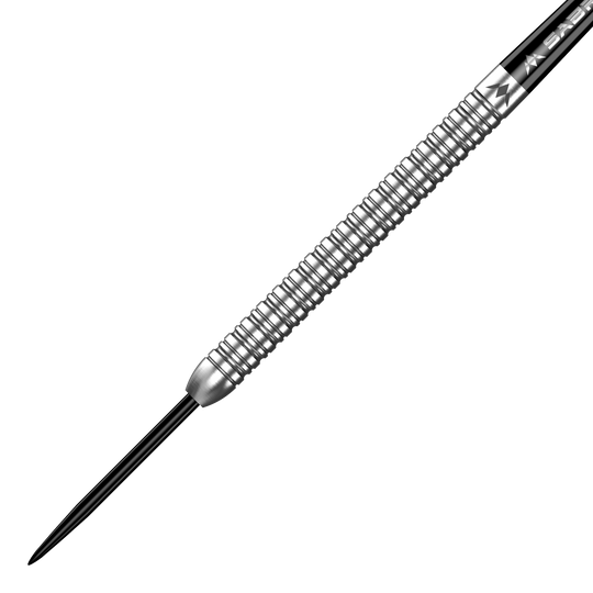 Das Bild zeigt einen silbernen Steeldart mit gerilltem Griff. Es handelt sich um das Produkt "Mission Mike De Decker MDD Silver Steeldarts".