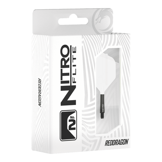 Abgebildet ist Red Dragon Nitroflite Black Shaft White Flights No2. Zu sehen sind schwarze Dart-Schäfte mit weißen Flights.