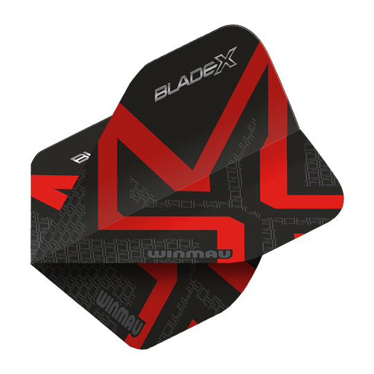 Hier sieht man den Winmau Prism Delta Blade X Metallic Red No2 Standard Flight. Das Produkt ist rot und wird für Dartpfeile verwendet.