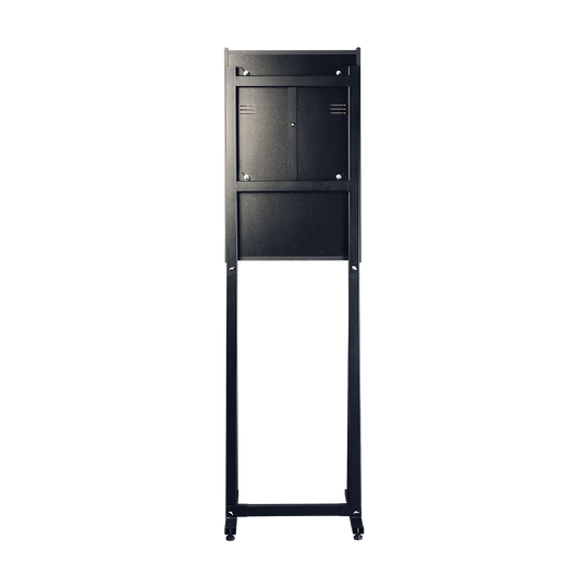 Das Bild zeigt die Rückseite eines Karella E-MASTER Dartautomaten mit Münzeinwurf. Zu sehen ist ein schwarzes, rechteckiges Gehäuse mit verschließbaren Fächern.