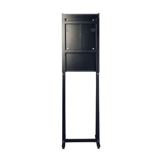 Karella_E-Master_Dartautomat_Standfuss_Mit_M-nzeinwurf_2 Das Bild zeigt die Rückseite eines Karella E-MASTER Dartautomaten mit Münzeinwurf. Zu sehen ist ein schwarzes, rechteckiges Gehäuse mit verschließbaren Fächern.