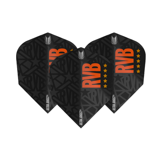 TG62_334020_Target_Ultra-Ghost_RvB_GEN2_Ten-X_Flights_11wmjTAMB7LAXa Das Bild zeigt drei schwarze Dart-Flights mit der Aufschrift "RVB" in orange und fünf orangefarbenen Sternen. Unten steht "ULTRA GHOST+" in kleiner, weißer Schrift.