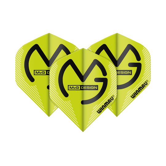 Das Bild zeigt drei grüne Winmau Mega MvG Standard Flights. Auf den Flights ist ein schwarzes „MvG DESIGN“-Logo und das Wort „WINMAU“ gedruckt.