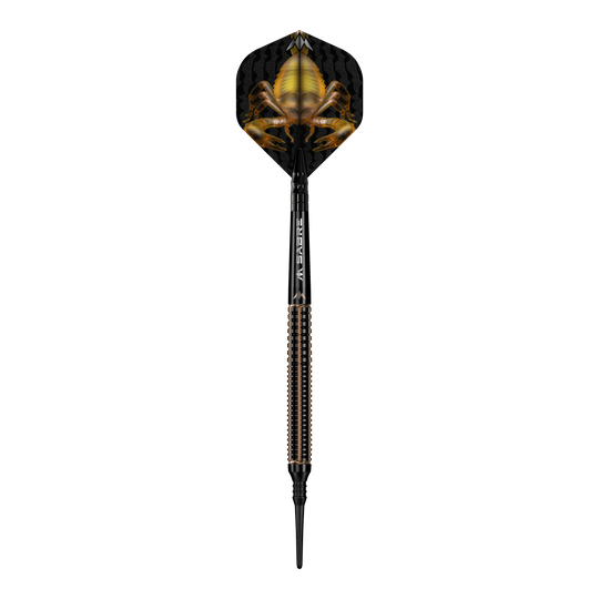 Měkké šipky Mission Scorpion - 19g Das Bild zeigt einen Softdart namens "Mission Scorpion Softdarts - 19g". Auf dem Flight ist ein auffälliges Skorpion-Design in Gelb und Schwarz zu sehen.