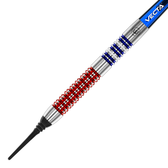 Winmau Garrett Rakowski měkké šipky - 20g Auf dem Bild ist ein Softdart des Modells "Winmau Garrett Rakowski Softdarts - 20g" zu sehen. Der Dart hat ein auffälliges Design mit roten und blauen Ringen auf dem silbernen Barrel.
