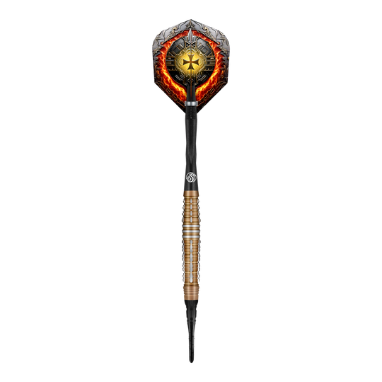 Das Bild zeigt einen Softdart mit dekorativem Flights im Ritterdesign und einem bronzefarbenen, geriffelten Barrel. Es handelt sich um das Produkt "Shot Future Knights Hachette Softdarts - 20g".