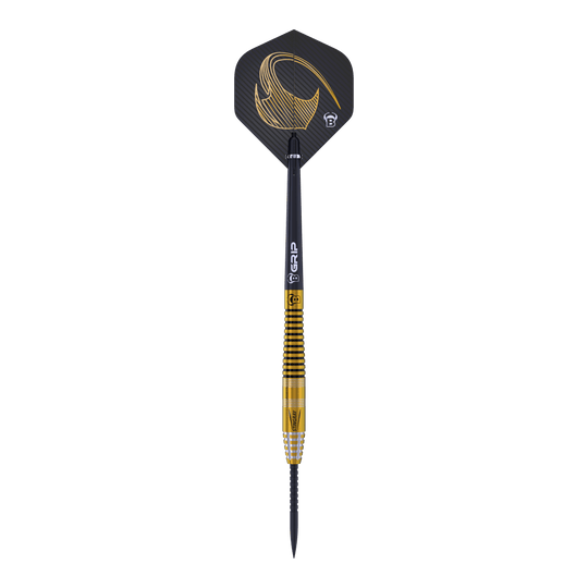Bulls Stingray ST3 Steeldarts Dies ist ein Steeldart aus der Bulls Stingray ST3 Serie. Der Dart hat ein schwarzes und goldenes Design mit feinen Rillen am Barrel.