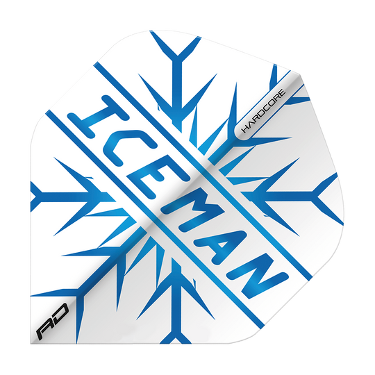 TF6421_RedDragon_Hardcore_Gerwyn_Price_Iceman_Standard_Flights_1V9AxeKvFNHw00 Das Bild zeigt ein Dartflight mit dem Aufdruck "ICEMAN" in blauer Schrift und einem Schneeflockenmuster. In der Ecke steht das Wort "HARDCORE" und das Red Dragon Logo ist ebenfalls zu sehen.