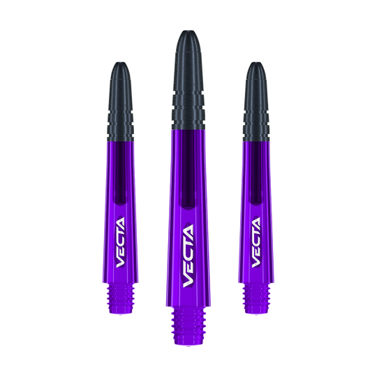 Násadky Winmau Vecta - fialovo-černé Das Bild zeigt drei violett-schwarze Dartschäfte mit der Aufschrift "VECTA". Sie sind gleich lang und nebeneinander angeordnet.