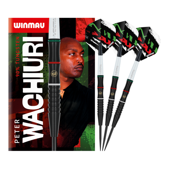Das Bild zeigt die Winmau Peter Wachuri Steeldarts mit einem Gewicht von 22g. Auf der Verpackung ist ein Porträt von Peter Wachuri sowie drei der Steeldarts abgebildet.