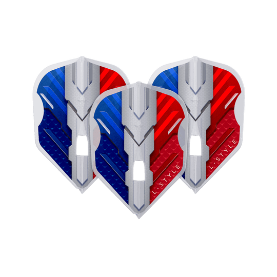 Letky L-Style V Series V1 Type B France Clear White L3PRO Das Bild zeigt drei Dart-Flights mit einem modernen Design in den Farben Blau, Weiß und Rot. Auf den Flights steht der Schriftzug "L-Style".