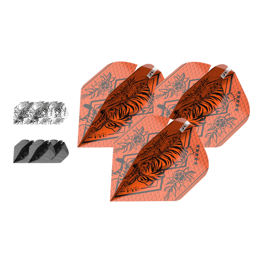 Balíček cílových inkoustů 3 sady Raymond Van Barneveld No2 Standardní letky Das Bild zeigt drei Sätze Dartflights in verschiedenen Farben und Designs, darunter auffällige orangefarbene Flights mit Tiger-Motiv. Es handelt sich um das Produkt "Target Ink Bundle 3 Sets Raymond Van Barneveld No2 Standard Flights."