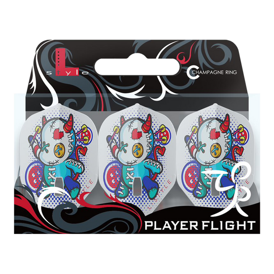 Das Bild zeigt die Produktverpackung der "L-Style Carole Frison V1 White L1PRO Flights" für Dartpfeile. Die Flights sind weiß und mit einem bunten, cartoonartigen Charakter verziert.