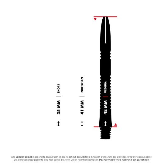 Titanové hřídele Shot Mako Das Bild zeigt drei unterschiedlich lange Dartschäfte mit den Längen 35 mm (kurz), 41 mm (inbetween) und 48 mm (medium). Jeder Schaft ist mit einer Messlinie und einer Längenangabe versehen.