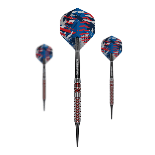 Šipky GOAT Curveball měkké - 20g GOAT Curveball Tungsten Softdarts - 20g werden auf diesem Bild gezeigt. Die Softdarts bestehen aus Tungsten und wiegen 20 Gramm.