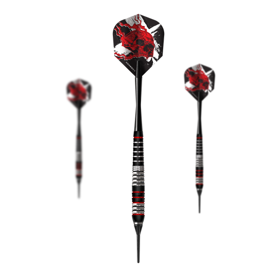 Dieses Bild präsentiert ein Set der Harrows Heavy Metal Ryan Searle Brass Softdarts. Das Set besteht aus mehreren Softdarts, die zusammen angeordnet sind.