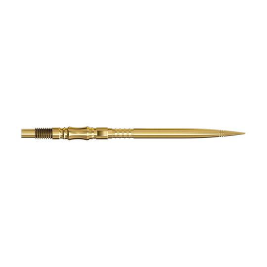 Špičky na šipky Harrows Quick Point Axis Elite Series - zlaté Zwei lange, goldene Dartspitzen werden seitlich gezeigt. Beide Spitzen liegen parallel auf einer hellen Fläche.