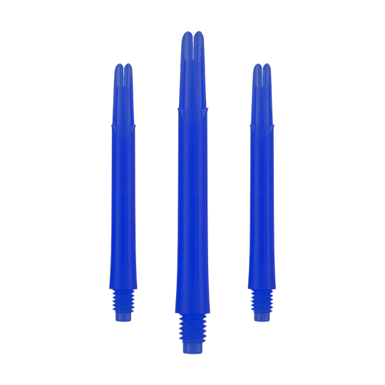 L-tvarované L-hřídele, rovné, zajištěné - modré Auf dem Bild sind drei blaue, gerade Dartschäfte zu sehen. Sie stehen nebeneinander und haben unten ein Schraubgewinde.