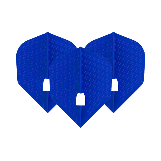 Das Bild zeigt drei blaue L-Style Flights im Dimple Champagne L3PRO Shape. Die Flights haben eine strukturierte Oberfläche mit kleinen Punkten.