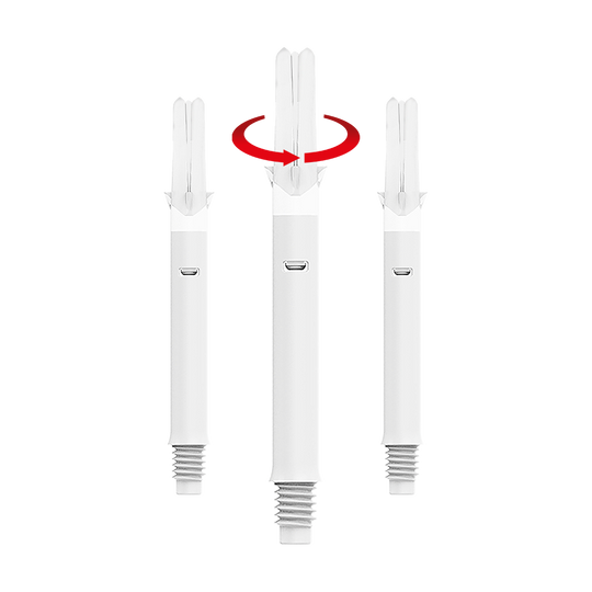 Das Bild zeigt drei weiße Dartshafts mit einem geraden Design. Über dem mittleren Shaft ist ein roter Pfeil zu sehen, der eine Drehbewegung anzeigt.