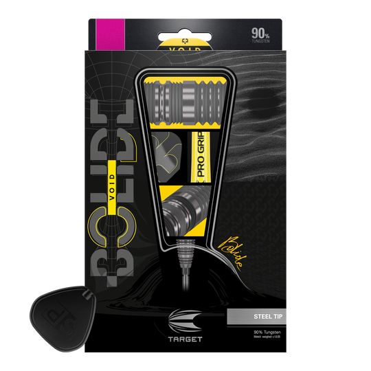 Ocelové šipky Target Bolide Void 02 Swiss Point Das Bild zeigt die Verpackung der "Target Bolide Void 02 Swiss Point Steeldarts". Die Darts bestehen zu 90% aus Tungsten und haben eine Stahlspitze.