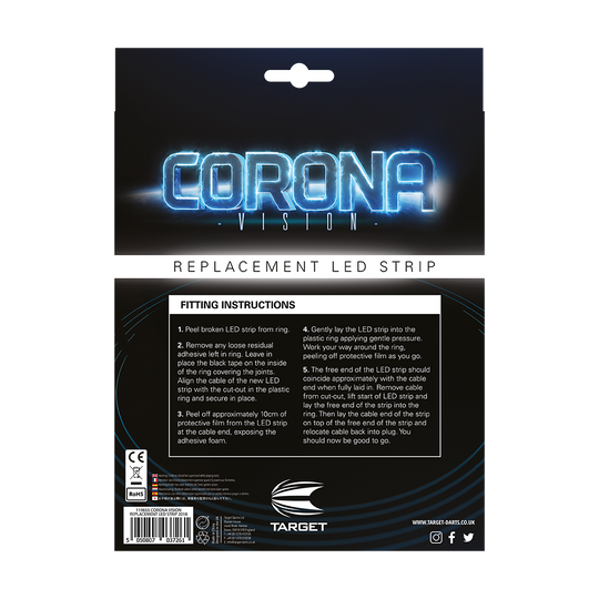119655_Target-Corona-Ersatzteil-LED-Band-5 Das Bild zeigt die Verpackung des Produkts "Target CORONA Vision Ersatzteil LED-Band". Auf der Rückseite sind die Montageanleitungen für den Austausch des LED-Bandes abgedruckt.