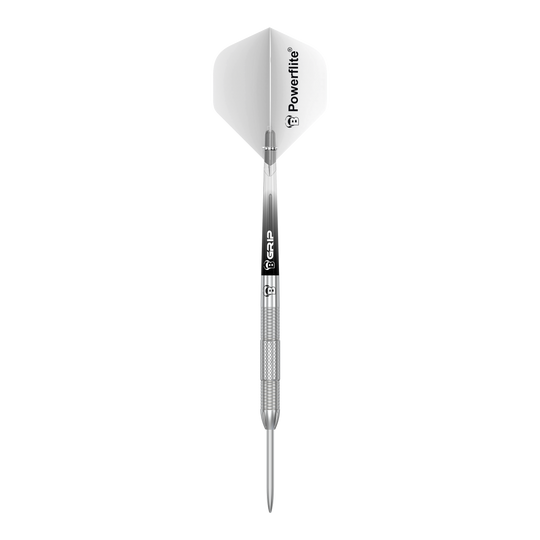 Auf dem Bild ist ein Bulls Challenger Sascha Stuhlemmer Steeldart mit 23g zu sehen. Der Dartpfeil ist silberfarben und hat weiße Flights mit der Aufschrift "Powerflite".