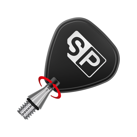 380168_Target_Titanium_Swiss_Point_Nano_Conversion_Points_Silber_3 Das Bild zeigt eine silberne Titan-Spitze mit einem schwarzen Aufsatz, auf dem die Buchstaben "SP" stehen. Ein roter Pfeil deutet auf eine Drehbewegung am Übergang zwischen Spitze und Aufsatz hin.