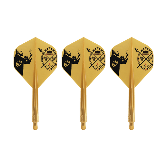 Letový systém Condor AX Devon Petersen Inspiration - standardní Auf dem Bild sind drei gelbe Dart-Flights mit schwarzem Motiv zu sehen. Sie tragen das Design des Condor AXE Devon Petersen Inspiration Flight-Systems in Standardform.