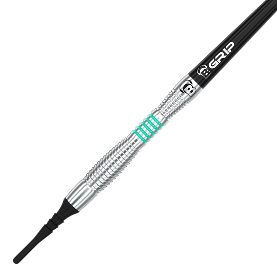 Das Bild zeigt den Bulls Veco V3 Softdart mit einem silbernen, geriffelten Barrel und grünen Akzenten. Der Schaft ist schwarz und trägt die Aufschrift "B GRIP".