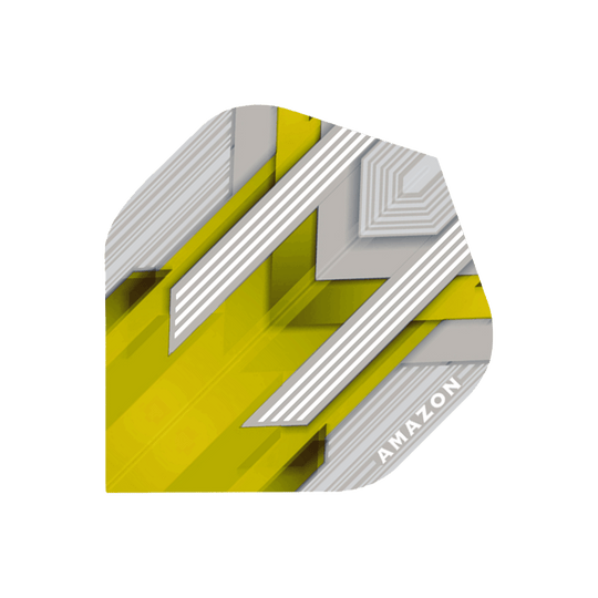 A34-Amazon-Flights-No2-Yellow Das Bild zeigt einen Dart-Flügel mit gelbem und silbernem Muster. In einer Ecke steht das Wort "AMAZON" geschrieben.