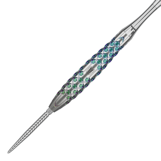 Ocelové šipky Target Rove 02 Swiss Point Das Bild zeigt einen Target Rove 02 Swiss Point Steeldart. Der Dartpfeil hat ein silbernes Gehäuse mit auffälligem, farbigem Muster und präziser Gravur.