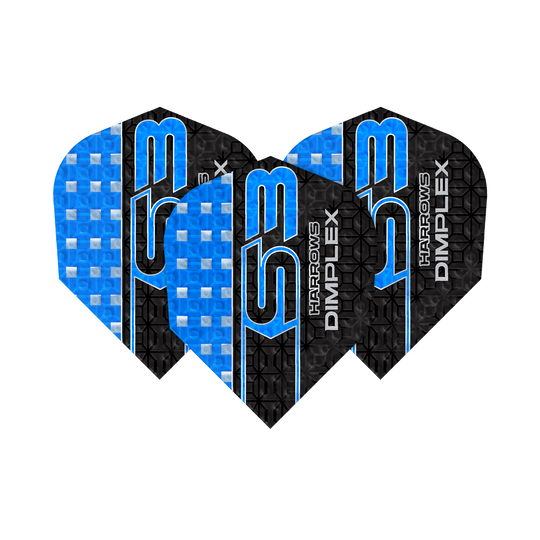 Das Bild zeigt drei blaue Harrows Dimplex S3 Flights für Darts. Die Flights haben ein auffälliges Design mit blauen und schwarzen Mustern sowie der Aufschrift "S3" und "Dimplex".