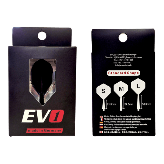 Evolution EVO1 Flight-Shaft-System in Schwarz ist dargestellt. Das Produkt ist für den Einsatz im Dartsport geeignet.