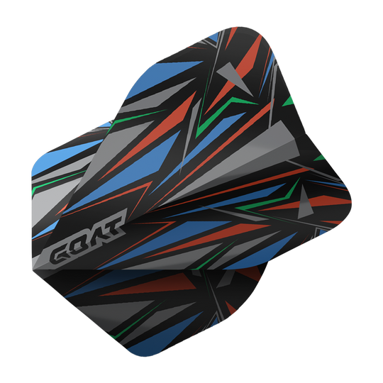 Standardní letky GOAT Athlete Black No2 Das Bild zeigt das Produkt "GOAT Athlete Black No2 Standard Flights". Das Flight hat ein auffälliges, geometrisches Muster in Schwarz, Blau, Rot, Grün und Grau.