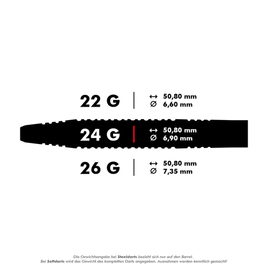 Das Bild zeigt drei verschiedene Gewichte von Steeldarts: 22g, 24g und 26g, jeweils mit ihren Längen und Durchmessern. Die Maße sind für alle Längen gleich (50,80 mm), während sich die Durchmesser je nach Gewicht unterscheiden.