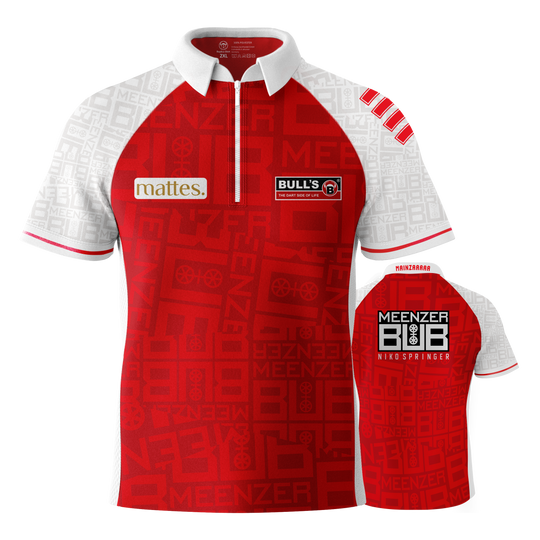 Tričko Bulls Niko Springer Meenzer Bub s potiskem Das Bild zeigt das Dartshirt "Bulls Niko Springer Meenzer Bub" in Rot und Weiß. Auf der Vorder- und Rückseite sind verschiedene Logos und Schriftzüge abgebildet.