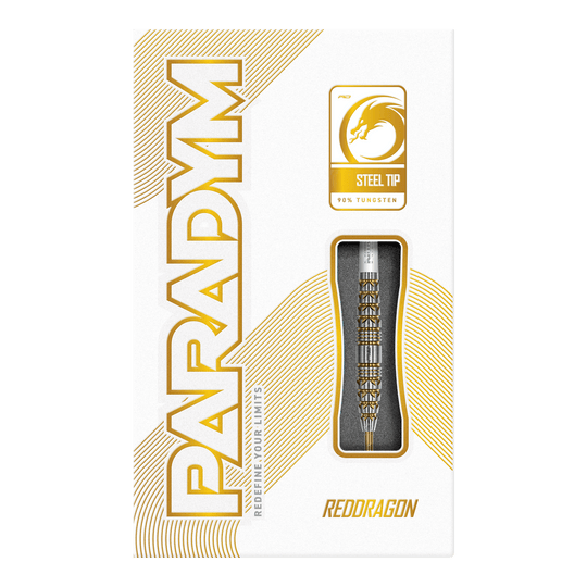 Abgebildet ist das Produkt Red Dragon Paradym Gold Torpedo Steeldarts. Es handelt sich um hochwertige Steeldarts mit goldfarbenem Design.