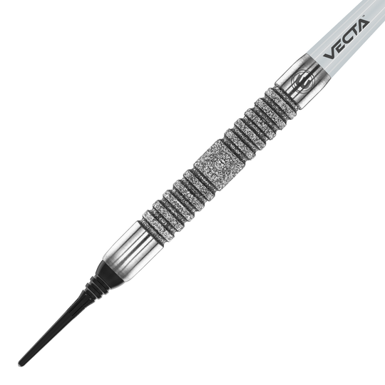 Winmau Jules Van Dongen měkké šipky - 20g Das Bild zeigt den Winmau Jules Van Dongen Softdart mit einem Gewicht von 20g. Der Dart hat ein silbernes, geriffeltes Griffstück und eine schwarze Spitze.