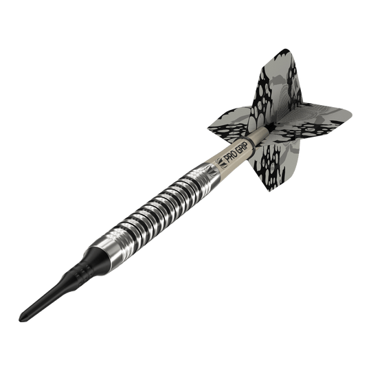 Měkké šipky Target EXO 11 Das Bild zeigt den Softdart "Target EXO 11". Er hat ein silber-schwarzes Design mit einem gemusterten Flight und einem Pro Grip Schaft.